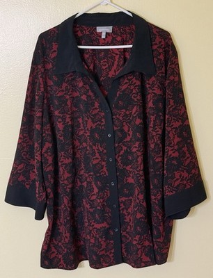 ESSENTIALS  Women's Plus 3/4 Sleeve V-Neck Button Blouse BLK/RED FLORAL Size 4X