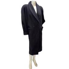 🧥❄️ DONNYBROOK Vintage 80s Black Oversized Wool Coat, Puff Shoulder Shawl Sz 10
