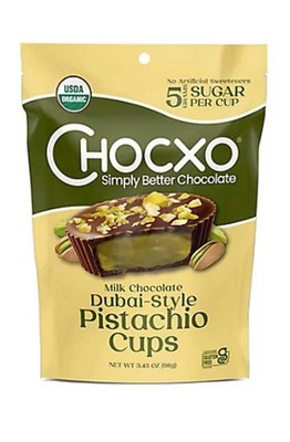   New Chocxo Dubai PISTACHIO Milk Chocolate Organic 72% Cacao Cups Bag 3.45oz