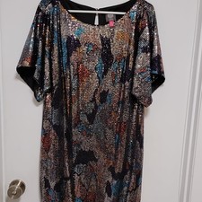 Vince Camuto Abstract Sequin Shift Dress Multicolor Knee Length Short Sleeve XL