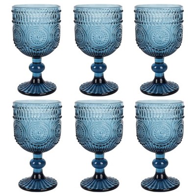Blue Water Goblets Wine Glasses Set of 6 Vintage Colored Glassware 12 Ounces Cup