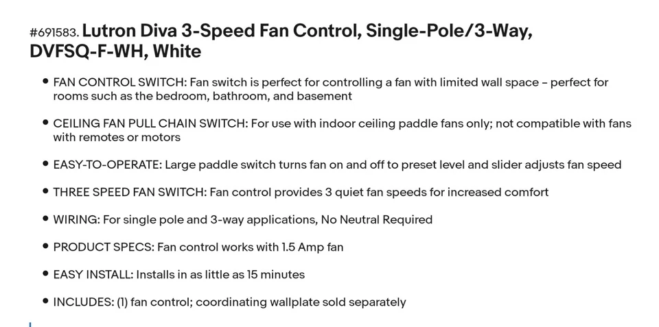 Lutron Diva 3-Speed Fan Control, Single-Pole/3-Way, DVFSQ-F-WH, White - Image 3 of 4