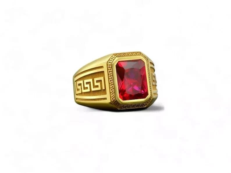 3Ct Emerald Cut Lab Created Ruby Solitaire Men Pinky Ring 14K Yellow Gold Plated - Image 3 of 4