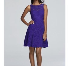 DAVID'S BRIDAL short sleeveless all over lace bridesmaid dress 10 Purple Regency