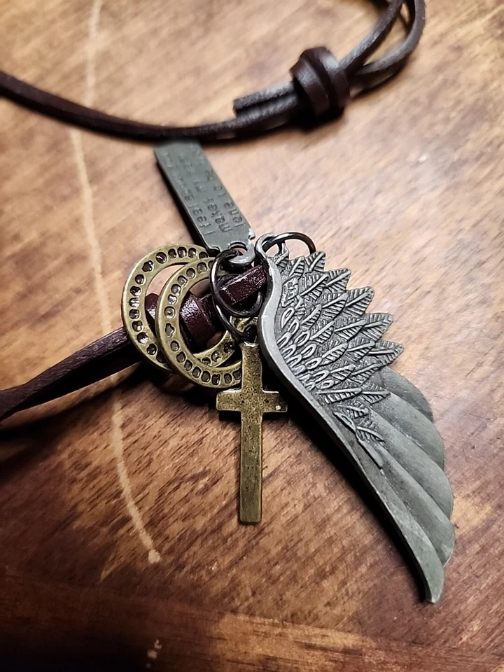 Collar Cuerda Cuero Harley-Davidson Ala de Ángel Crucifijo Con Colgantes 15" Foto 3 de 3