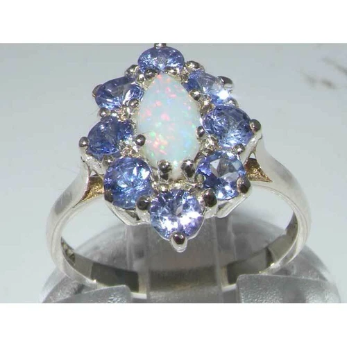 Solid 925 Sterling Silver Natural Opal & Tanzanite Womens Cluster Ring