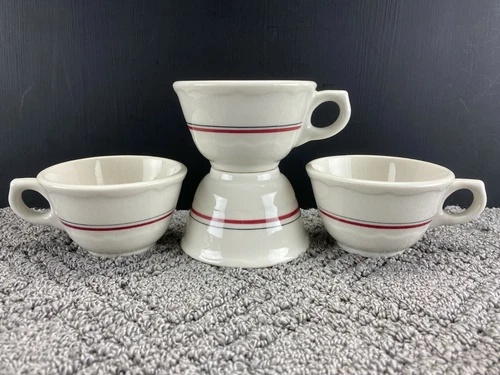 Set of 4 Vintage Syracuse China Restaurant Ware Coffee Cups Red & Black Stripe