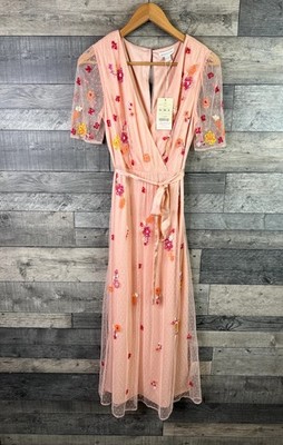 Monsoon Midikleid mit Spitze Größe UK 10 Pfirsich verziert Pailletten Hochzeit Anlass
