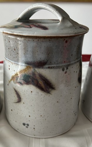 VTG Speckled Handmade Pottery Lidded Canister Set, Signed VM Stoneware Glaze - Picture 3 of 13