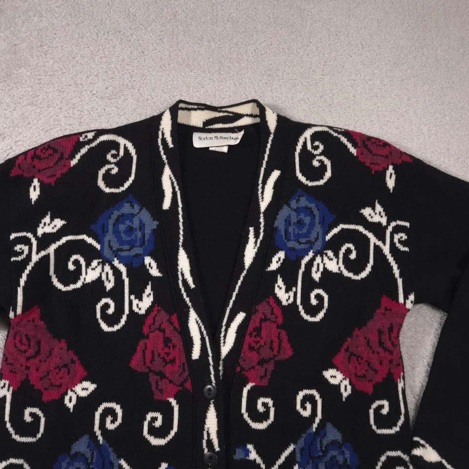 Vintage Norton McNaughton Sweater Womens Medium Black Cardigan Floral USA 90s Foto 3 de 4