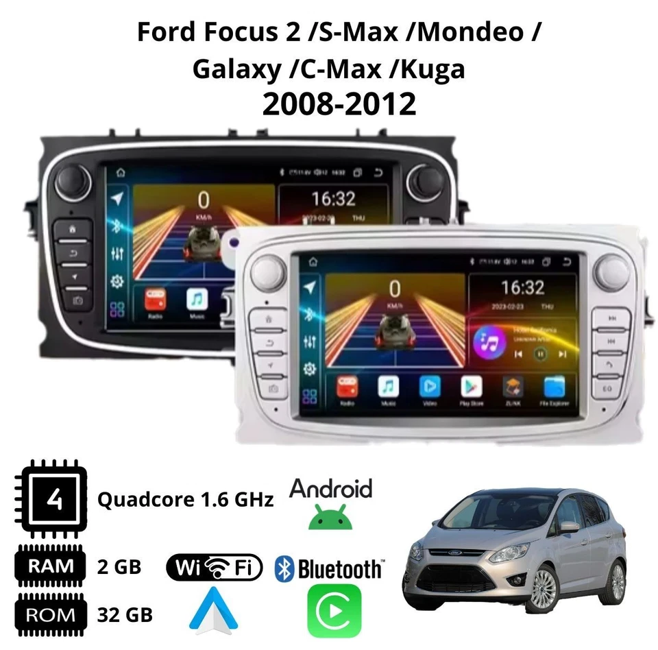 Autoradio Android 7" Ford Focus 2 Kuga Mondeo S-Max C-Max CarPlay WiFi GPS Navi - Immagine 2 di 4