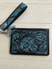Floral Tooled Leather Card Wallet Wristlet Turquoise & Black Unique Look