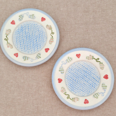 Vintage Snow Folks 4.5'' Candle Plates, Blue Pink, Mittens Hearts, Set of 2 