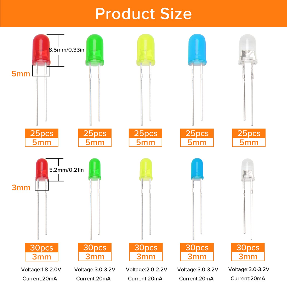 Lyeteung 475-teiliges LED-Dioden Set – 3mm & 5mm, 5 Farben (Weiß, Grün, Rot, Blau, Gelb), Mit Haltern, Diffusor, 20.000+ Stunden Lebensdauer
