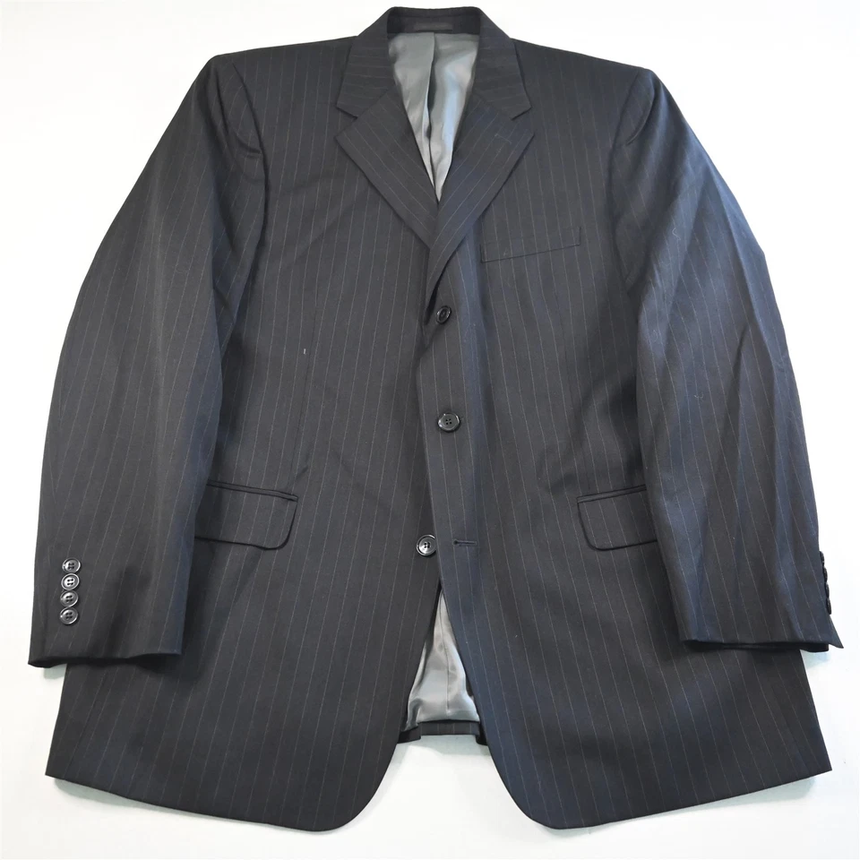 Andrew Fezza 46L 40x28 Charcoal Gray Striped 100% Wool Mens Jacket Pants Suit - Image 2 of 4
