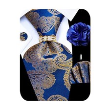5PCS Mens Silk Designer Tie, Pocket Square, Blue Paisley Tie Set -349 10