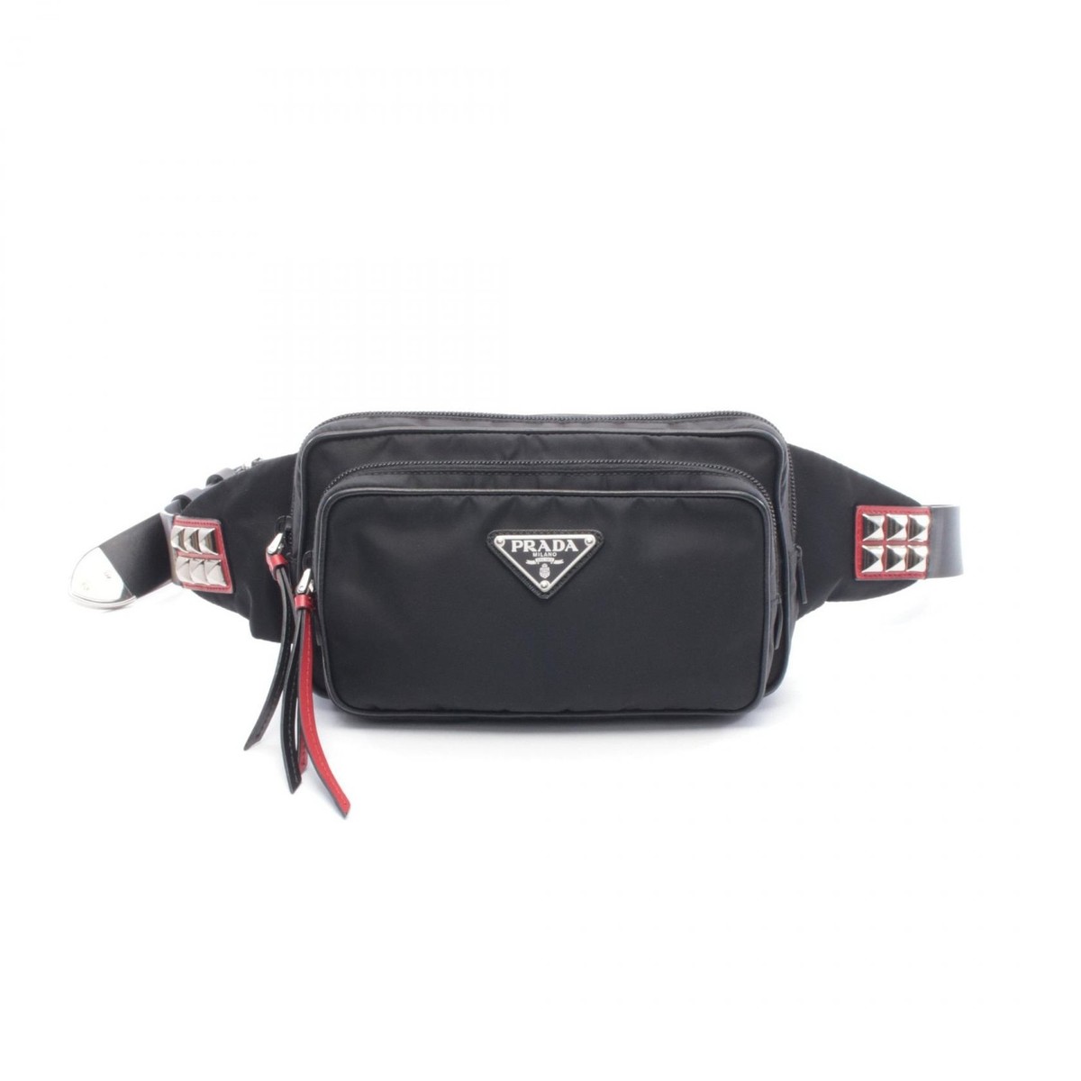 PRADA Studded Belt Waist Crossbody Bag Nylon leather Black Red