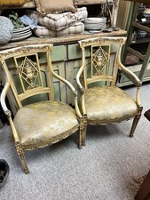 Antique Pair French Arm Chairs Painted & Parcel-Gilt Finish & Gold Damask Fabric