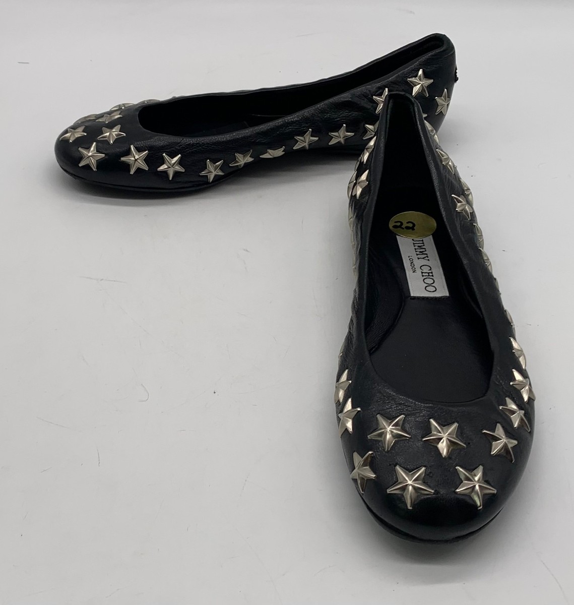 m*o様 JIMMY CHOO ブラックドットフラットシューズ Jimmy Choo Womens Black Leather Star Studed Ballet Flats sz 36.5