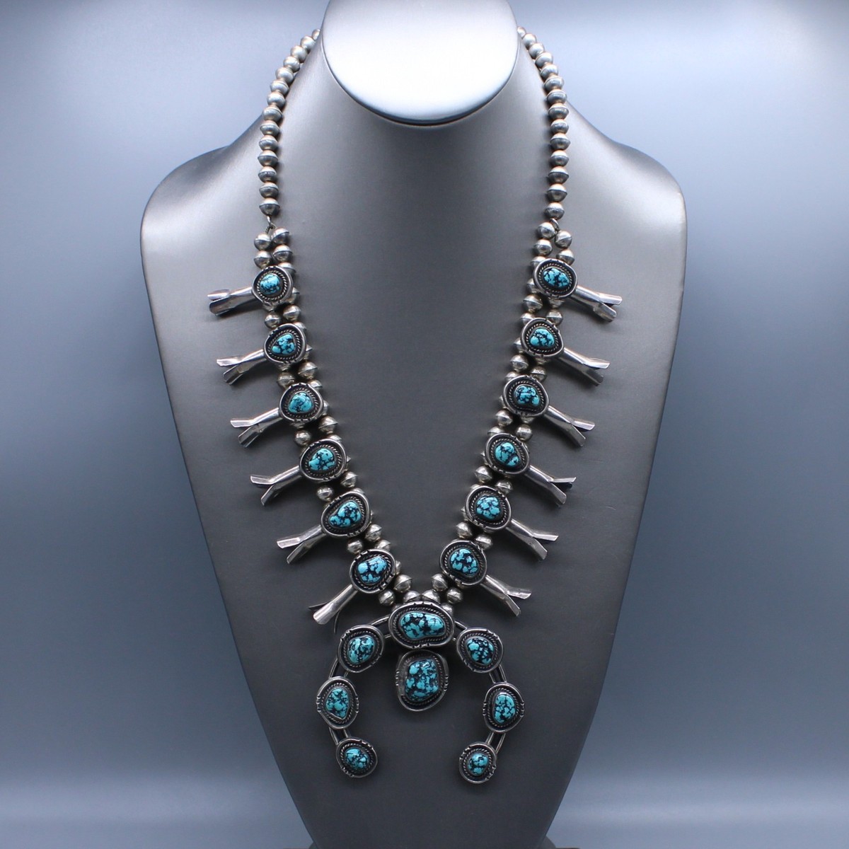 Vintage Sterling Silver 23.5" Turquoise Squash Blossom Necklace