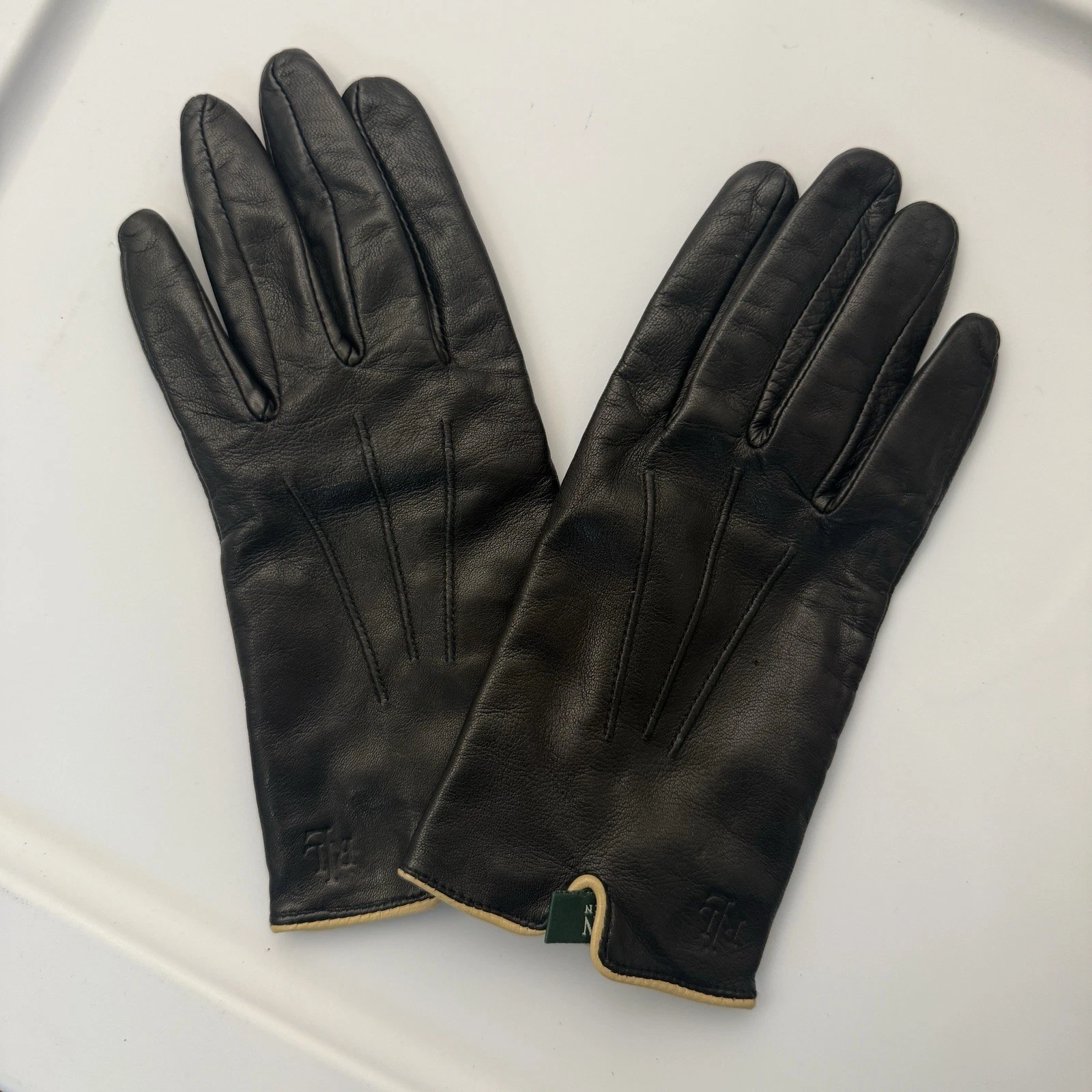 Lauren Ralph Lauren Genuine Leather Gloves Tan Trim Black Womens Size L Large