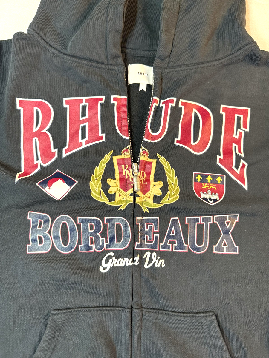 RHUDE Hoodie Mens L Gray Bordeaux Grand Vin Full Zip Graphic