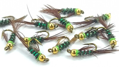 18 testine perla Nymphe, mosche per pesca alla trota.Olive, 3
