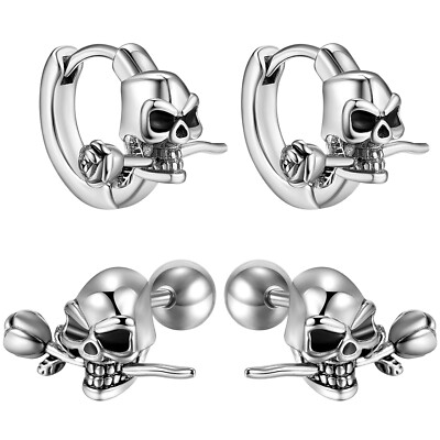 Gothic Mens Womens Skull Rose Hoop Stud Earrings Stainless Steel Pierced Jewelry