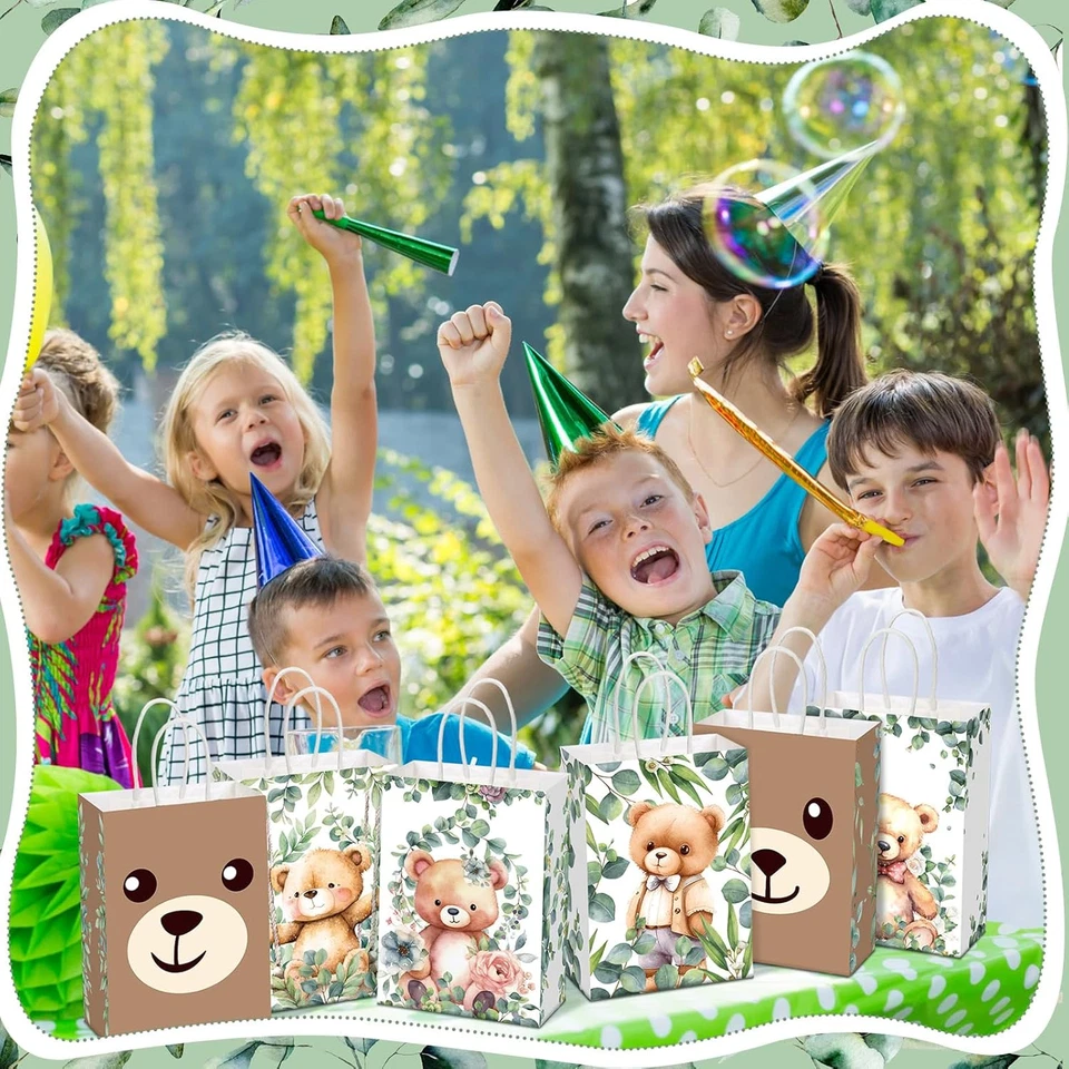 24 Piezas Oso Fiesta Favores Lindo Oso Papel Regalo Bolsas con Asas Baby Shower Gree Foto 4 de 4