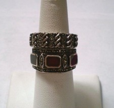 2 Sterling Silver Rings Carnelian Onyx Marcasite Helix Design 11 Grams Size 6.75