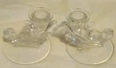 Vtg Fostoria Pressed Glass Cornucopia Shaped Set Of 2 Candle Holders EUC DB 