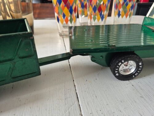 Original Vintage Nylint Farms Pressed Metal Green Pick-up Truck & Trailer 70's - Picture 3 of 12