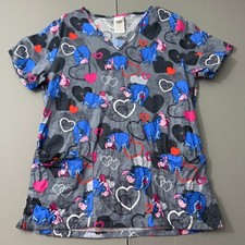 Disney Scrub Top Women Small Grey Cotton Eeyore Piglet Pockets Hearts 100 