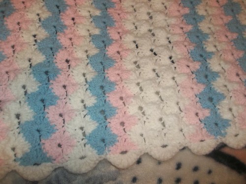 HANDMADE BABY LAP BLANKET / AFGHAN -Blue, Pink & White - 38in. x 57in. - Picture 3 of 6