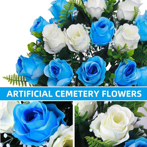 Set of 2 Artificial Cemetery Memorial Day Flowers with White Vase for Gravesite - Picture 3 of 5