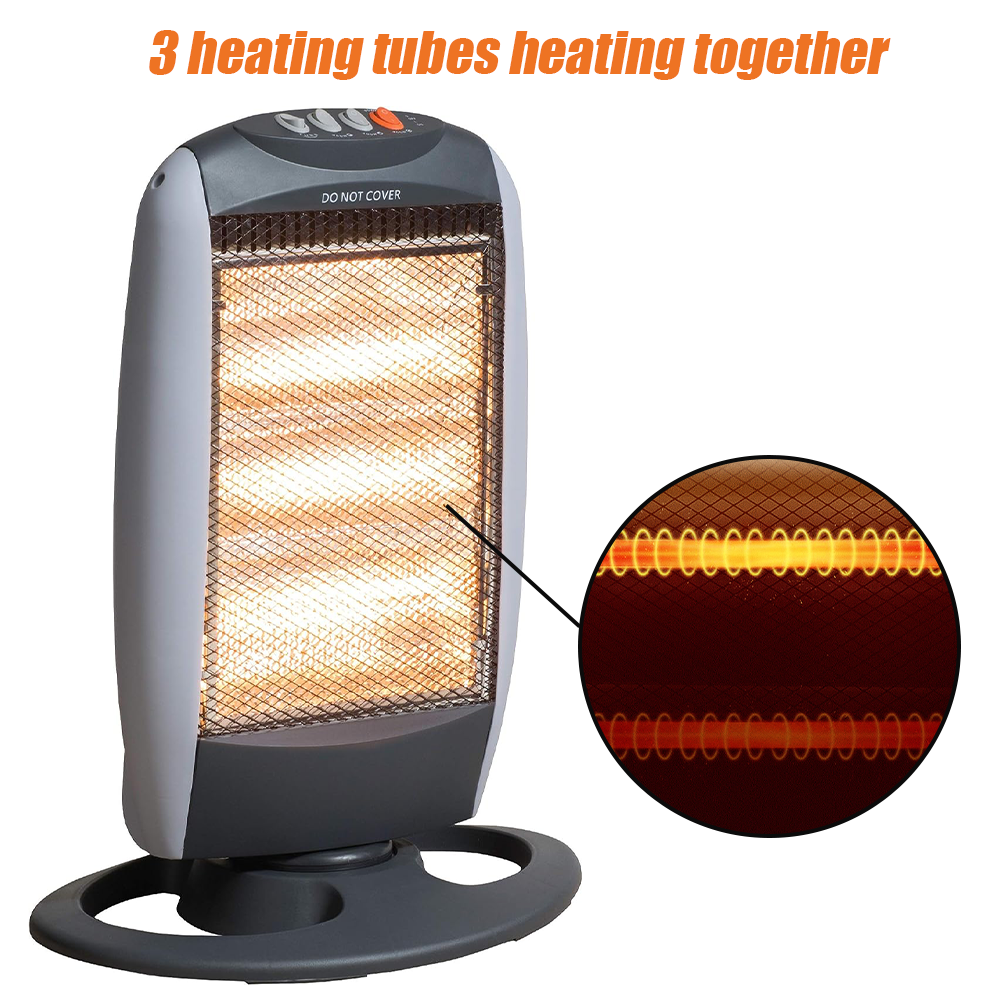 1200W ELECTRIC HALOGEN HEATER FREE STANDING OSCILLATING 3 BAR PORTABLE