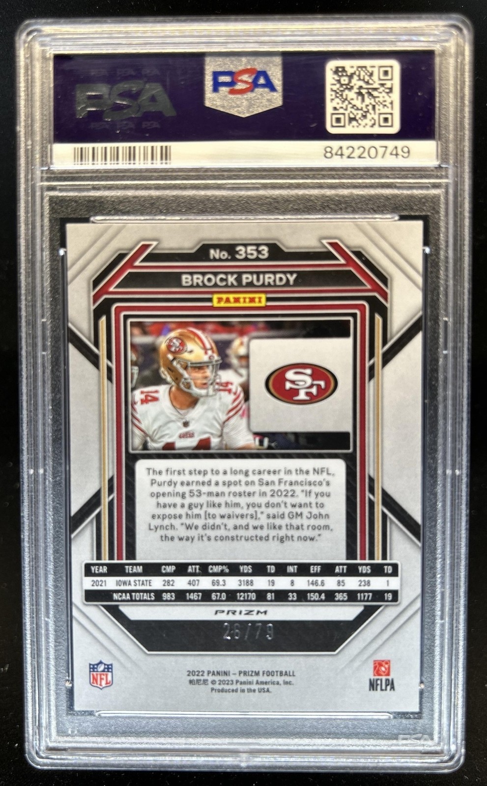 2022 Panini Prizm Brock Purdy RC No Huddle Blue Rookie #/79 49ers PSA 10 view 2