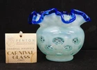 FENTON Art Glass Cobalt Blue Opalescent Aqua Coin Dot Pattern Ruffled Rim 4.25"