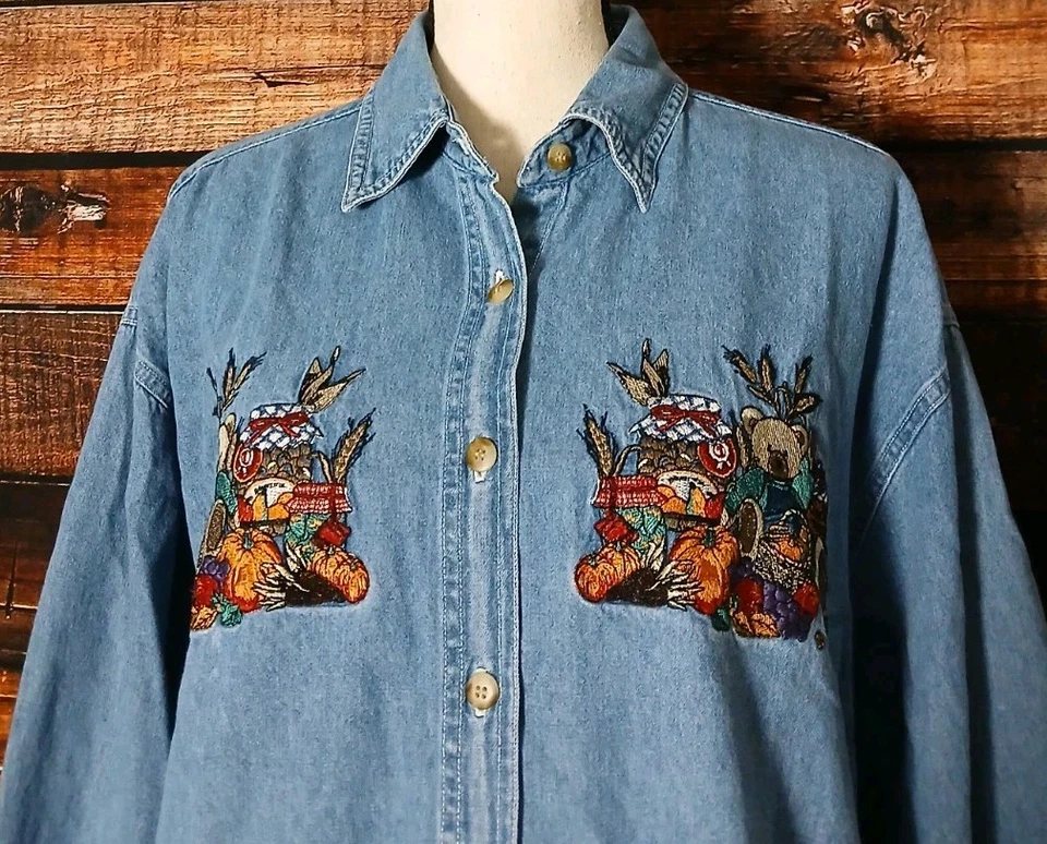 QUIZZ женщина джинсовой ткани верхний размер 20 вышитый хлопок Jean рубашка кнопка спереди винтажный - Изображение 4 из 4