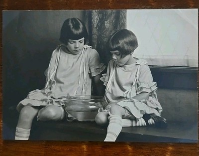Victorian Children Admiring Glass Goldfish Bowl Child Fashion Hair 1800s 1900s
