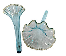 ART NOUVEAU  MURANO 2 CORNETS VASE TULIPE  CENTRE DE TABLE EN VERRE FESTONNÉ