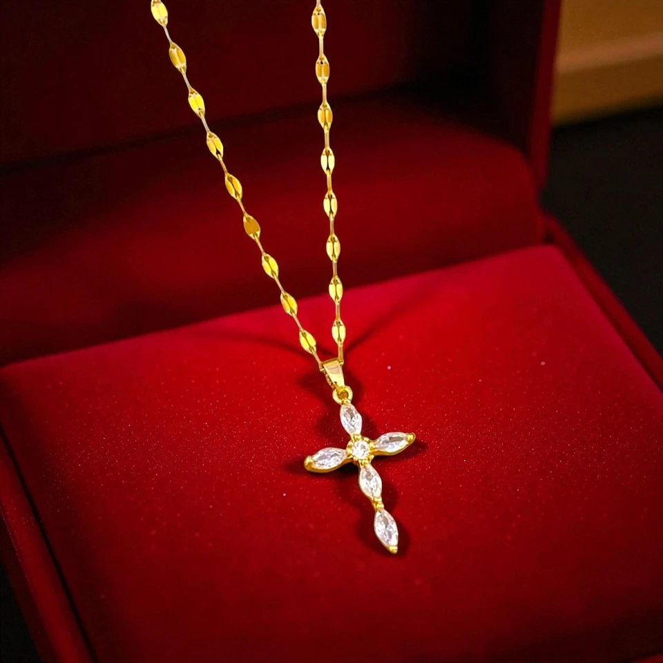 Collar Cruz Mujer Oro 18K y Plata ✝️ Colgante Circonita Circonita Acero Inoxidable Nuevo✝️ Foto 4 de 4