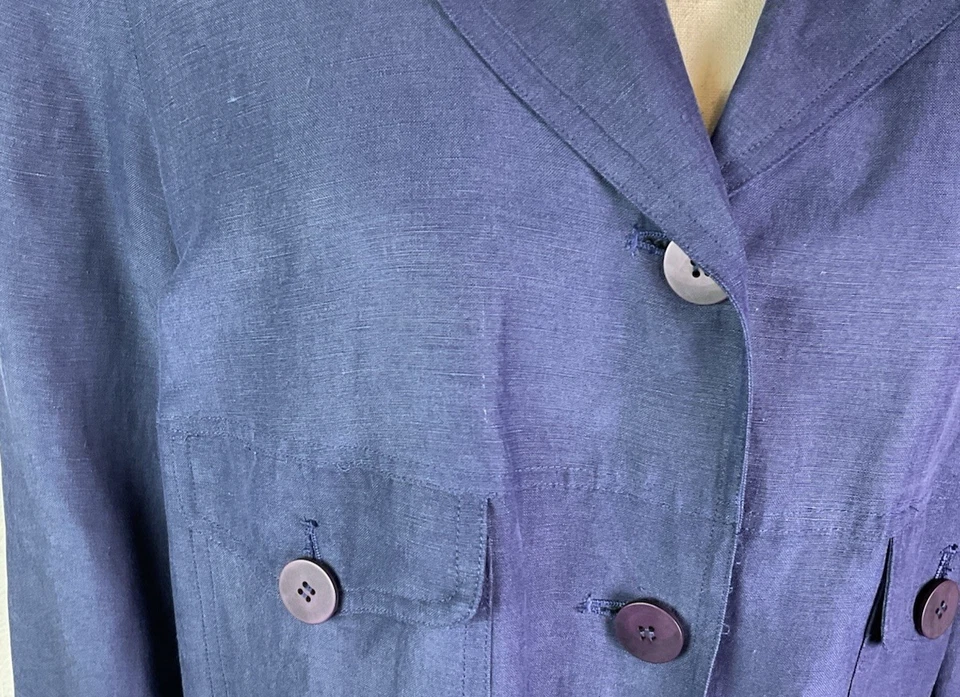 Blazer Top August Seda Mezcla Lino Azul Botón Talla 4/34 Forrado Oficina Profesional Foto 3 de 4
