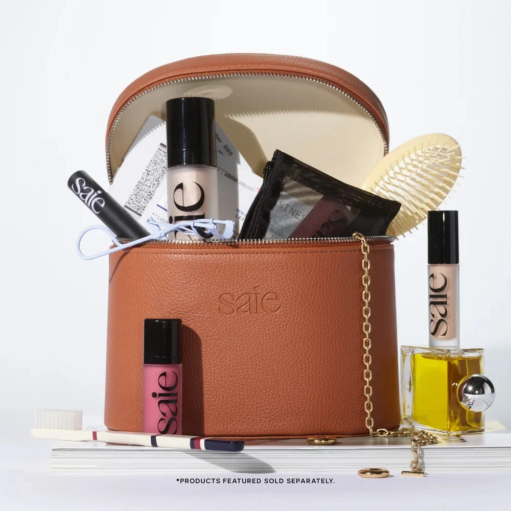 Saie The Vanity Case Original Train Case Caramel Brown Vegan Leather NEW