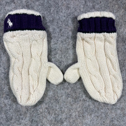 VTG Ralph Lauren Cable Knit Mittens Gloves Cream Navy Logo Cotton Toddler Kids