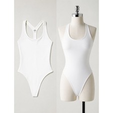 Alo Yoga Sleek Back Bodysuit Ivory Airbrush Thong Racerback Sculpting Minimal