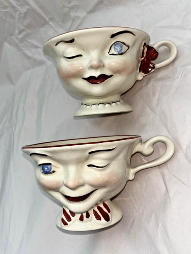 Vintage Winking Tea Cup Lipton Mr and Mrs Couple Coffee Pair Set 1950s