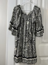Umgee Black And Cream Boho Festival Dress Off Shoulder Stretch Size Medium 