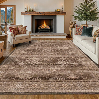 Boho Taupe Brown 8x10 Area Rug - Washable Non-Slip for Living Room & Dining