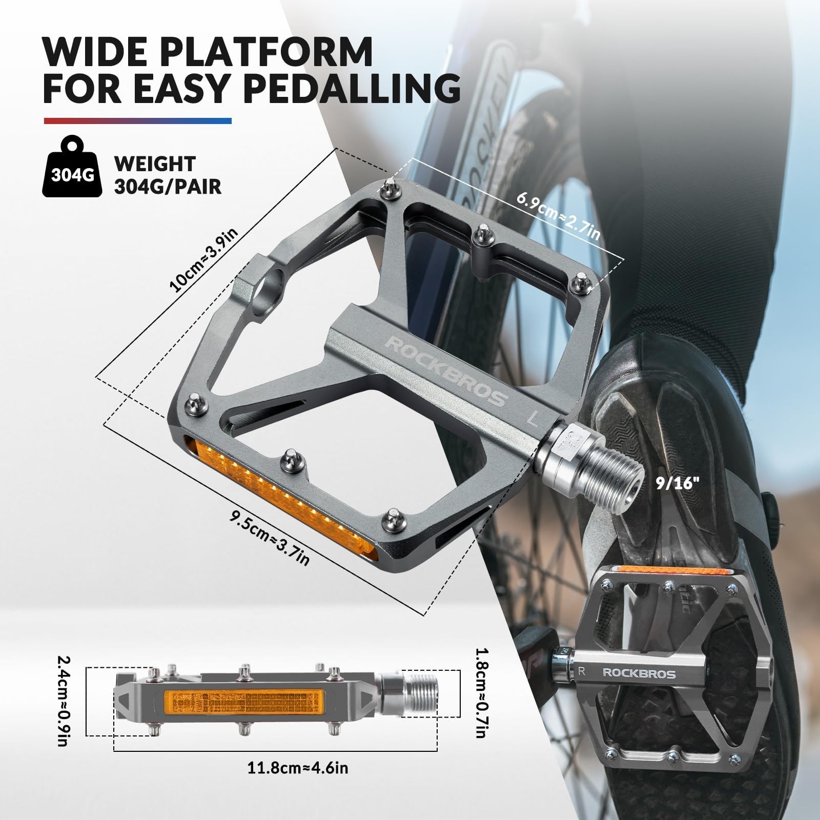 ROCKBROS Pedali Bici con Riflettori Platform Pedali Alluminio 9/16" MTB Bici da Corsa BMX foto 2